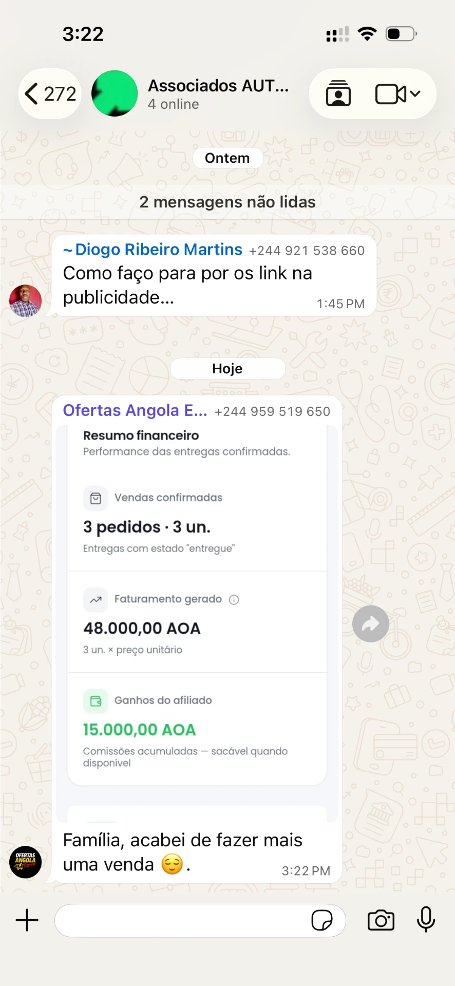 Screenshot do grupo de associados: partilha de uma venda concluída