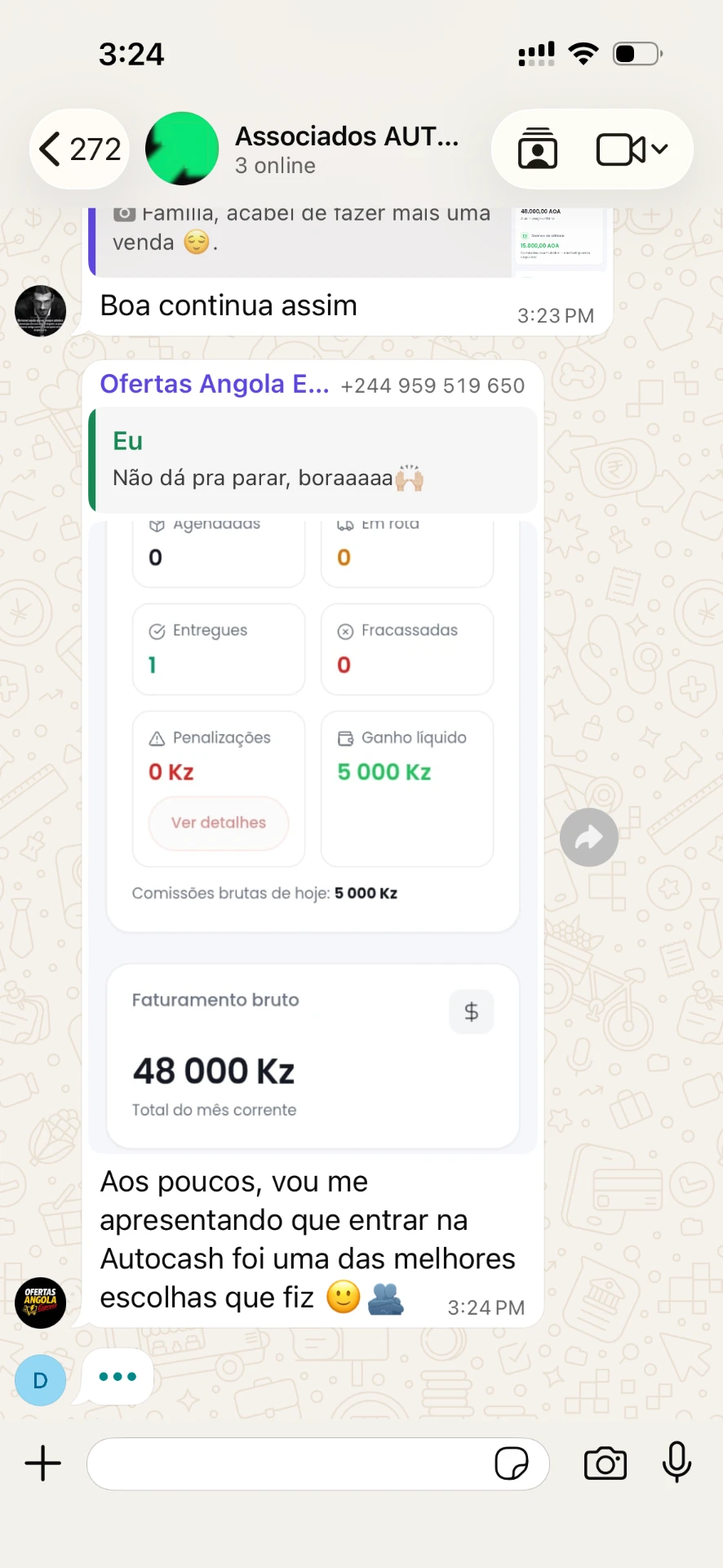 Screenshot do WhatsApp: associado partilha a sua experiência com a AutoCash