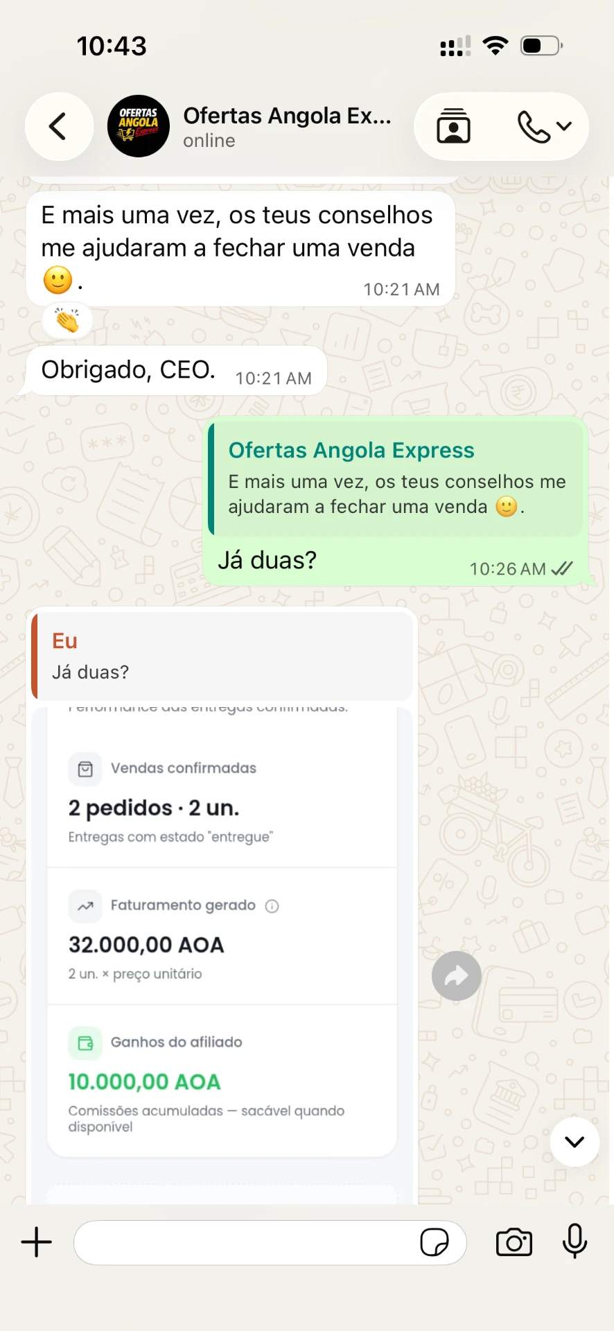 Screenshot de feedback sobre o acompanhamento numa venda